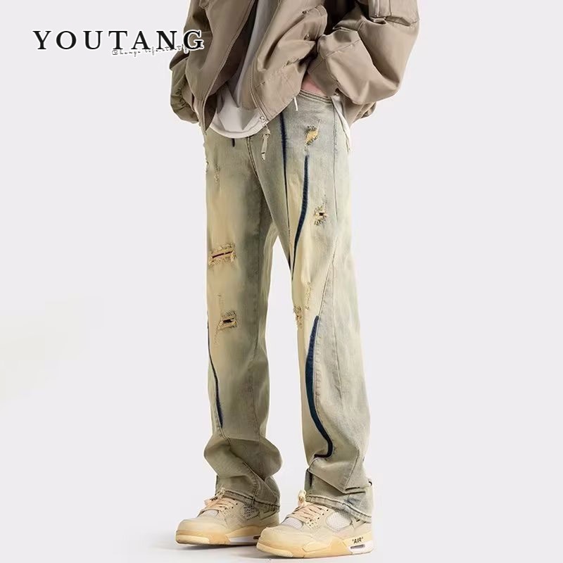 Youtang ripped loose straight new all-match quần hợp thời trang nam dây kéo quần jean trẻ trung phổ biến