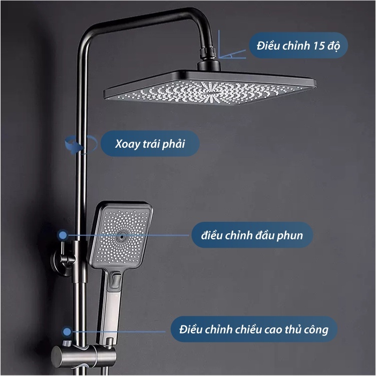 Bộ vòi hoa sen 4 nút bấm cao cấp KAW Hiển thị nhiệt độ qua màn hình LED - Màu đen - Phân phối và bảo hành toàn quốc