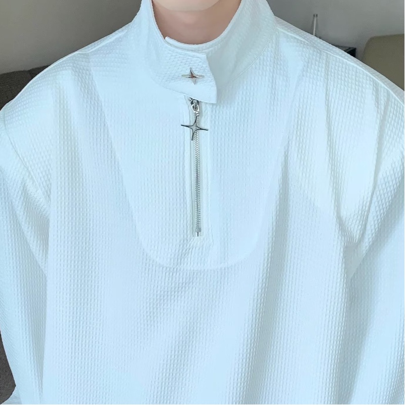 Thời trang dây kéo waffle polo áo sơ mi nam phong cách hàn quốc stand-up cổ áo nam t-shirt thiết kế cảm giác xu hướng lỏng lẻo hàng đầu thường dài tay áo sơ mi nam