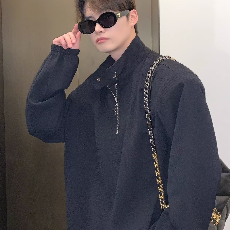 Thời trang dây kéo waffle polo áo sơ mi nam phong cách hàn quốc stand-up cổ áo nam t-shirt thiết kế cảm giác xu hướng lỏng lẻo hàng đầu thường dài tay áo sơ mi nam