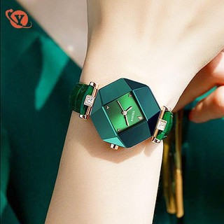 Yp. đồng hồ đeo tay bằng da thật cao cấp chống nước màu xanh lá nhỏ sang trọng thời trang cho nữ