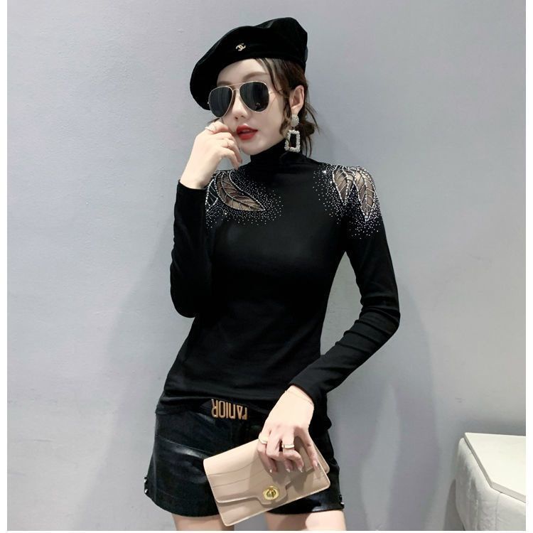 Áo Thun Tay Dài Cổ Cao Phối Ren Đính Đá Thời Trang Xuân Thu Quyến Rũ Cho Nữ