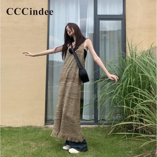 CCCindee Nữ Thời Trang Mới Sọc Cổ Chữ V Rời Phù Hợp Với Tua Rua Nhân Quả Đan Đầm Dài
