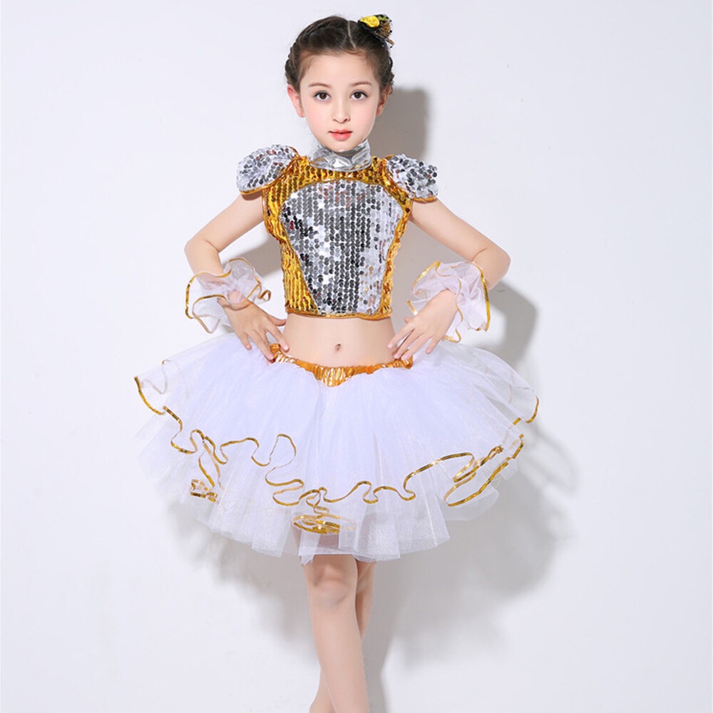 Trẻ em sequins trang phục khiêu vũ đường phố hiện đại cho bé gái bé trai màu xanh vàng mảnh hip-hop trang phục đội học sinh áo + váy / quần short bộ có dây đeo tay