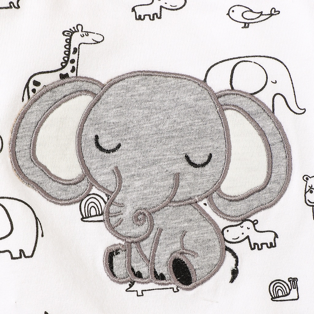 Bộ Áo Liền Quần Dài Tay In Hình Chú Voi Kèm Nón Cho Bé Trai 0-6 Tháng Tuổi