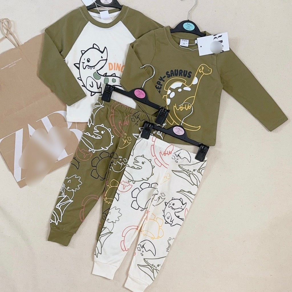 Set 2 bộ quần áo chất cotton hình khủng long xanh size 10-24kg