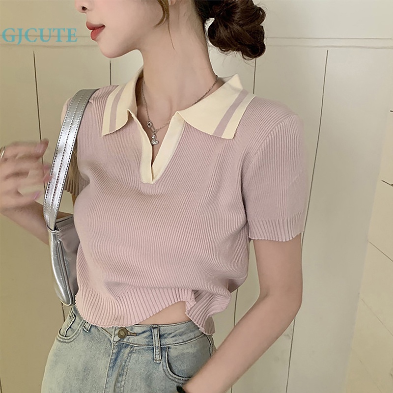 Áo thun croptop GJCUTE dệt kim tay ngắn phối màu tương phản phong cách preppy thời trang mùa hè cho nữ