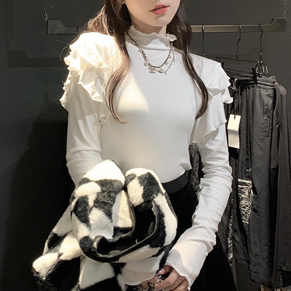 Autumn solid color high-neck irregular long-sleeved t-shirt female niche design sense slimming look inside the top white base long sleeve t-shirt nữ