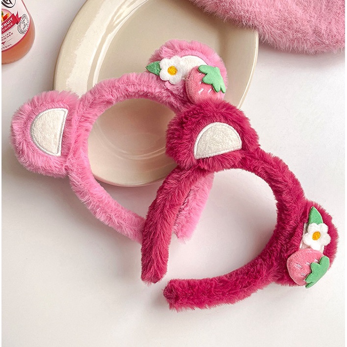 Cài tóc tai gấu lotso hồng dâu tây phủ lông nhung xinh xắn dành cho nữ TB11