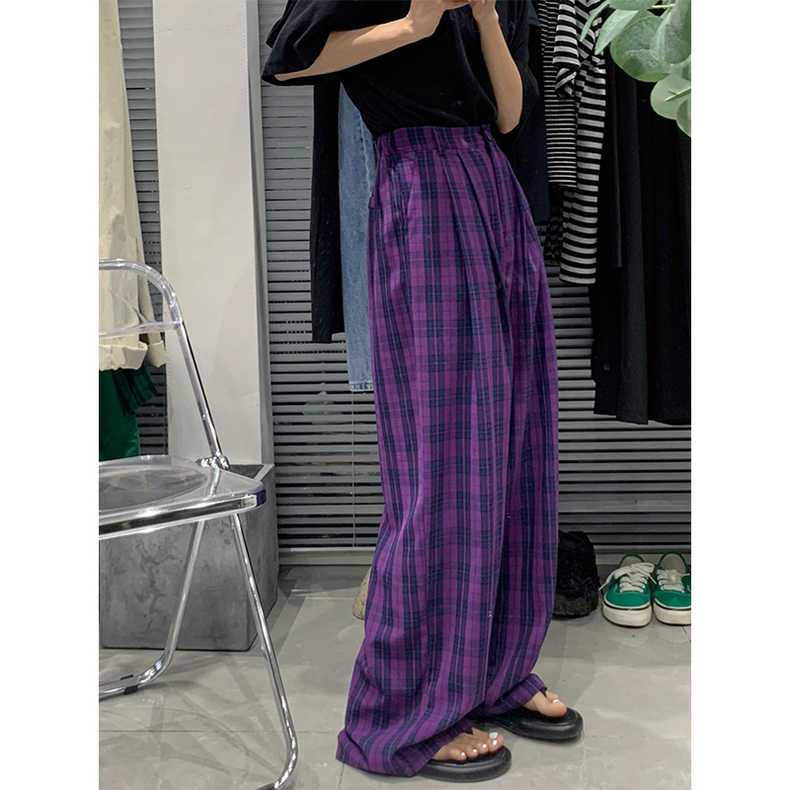 Quần Dài Ống Rộng Lưng Cao Họa Tiết Caro Màu Tím Phong Cách Hàn Quốc Thời Trang Mùa Thu Cho Nữ