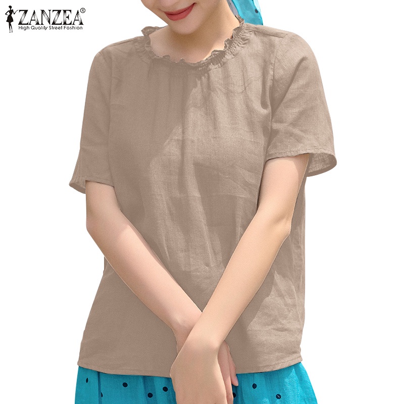 Zanzea phụ nữ hàn quốc cổ tròn cổ ngắn tay áo bông vải lanh