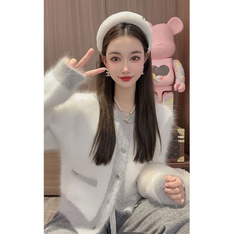 Áo Khoác cardigan Dệt Kim Vải Lông Cừu Màu Hồng Phong Cách Pháp Thời Trang Thu Đông Mới Cho Nữ