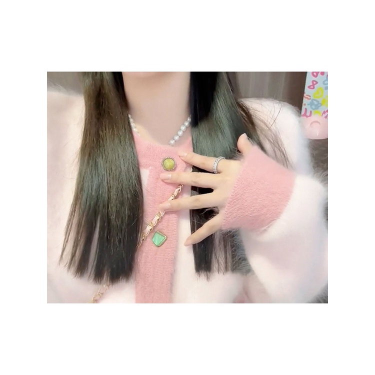 Áo Khoác cardigan Dệt Kim Vải Lông Cừu Màu Hồng Phong Cách Pháp Thời Trang Thu Đông Mới Cho Nữ