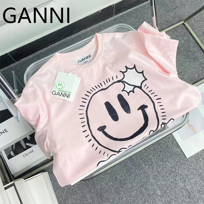 Ganni ladies letter smiley face in cổ tròn tay ngắn áo thun lỏng thường t-shirt tay ngắn