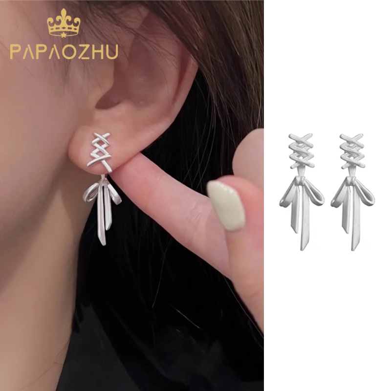 Bông tai dạng hạt PAPAOZHU mặt nơ ruy băng dài đáng yêu cho nữ