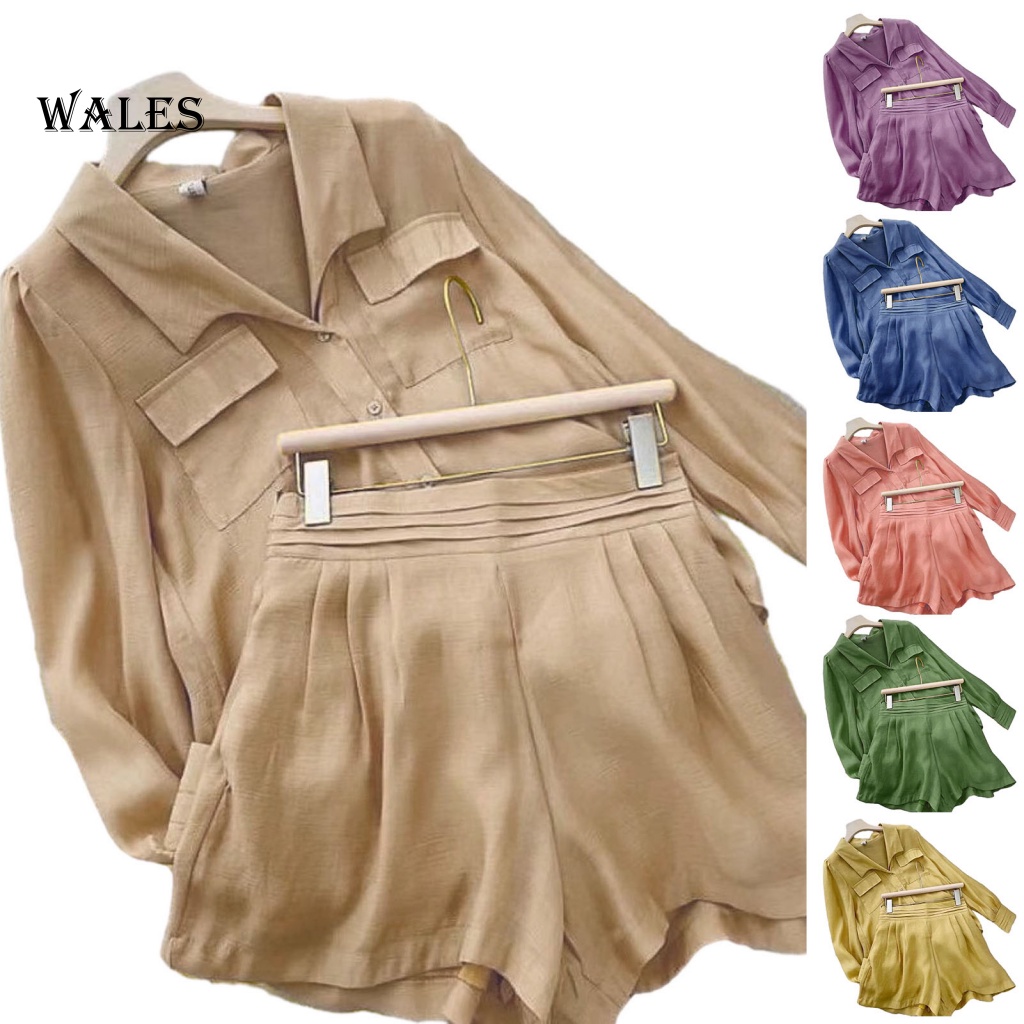 Quần short nữ áo sơ mi bộ đồ nữ thoáng khí bộ đồ nữ 2-piece sành điệu bộ quần short vải mềm cổ ve áo và túi tiện lợi hoàn hảo cho mọi dịp