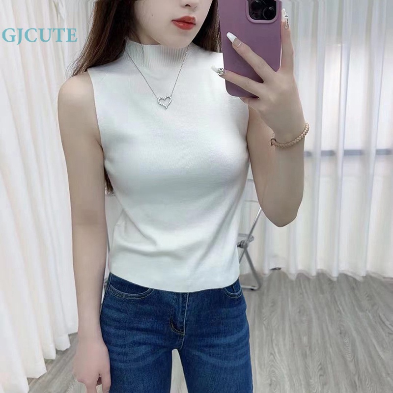 Áo sát nách GJCUTE dệt kim cổ cao màu trơn đơn giản thời trang mùa hè cho nữ