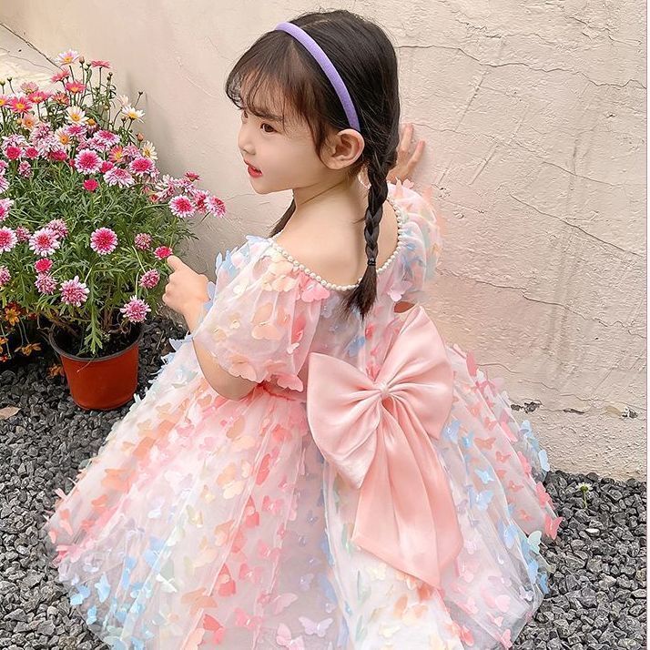 Váy mùa hè / Váy công chúa ngắn tay cho cô gái 6 tuổi / Váy cô gái màu đỏ dễ thương / Nơ