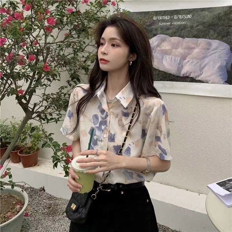 Áo Sơ Mi Chiffon Tay Lửng Nhuộm Họa Tiết Hoa Phong Cách Hàn Quốc Thời Trang Mùa Hè Cho Nữ