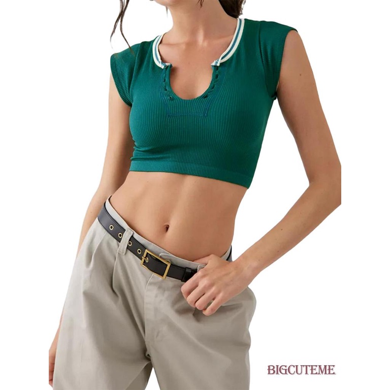 Áo Thun Crop Top Ôm Dáng Cổ Chữ V Màu Sắc Tương Phản Thời Trang Mùa Hè Cho Nữ