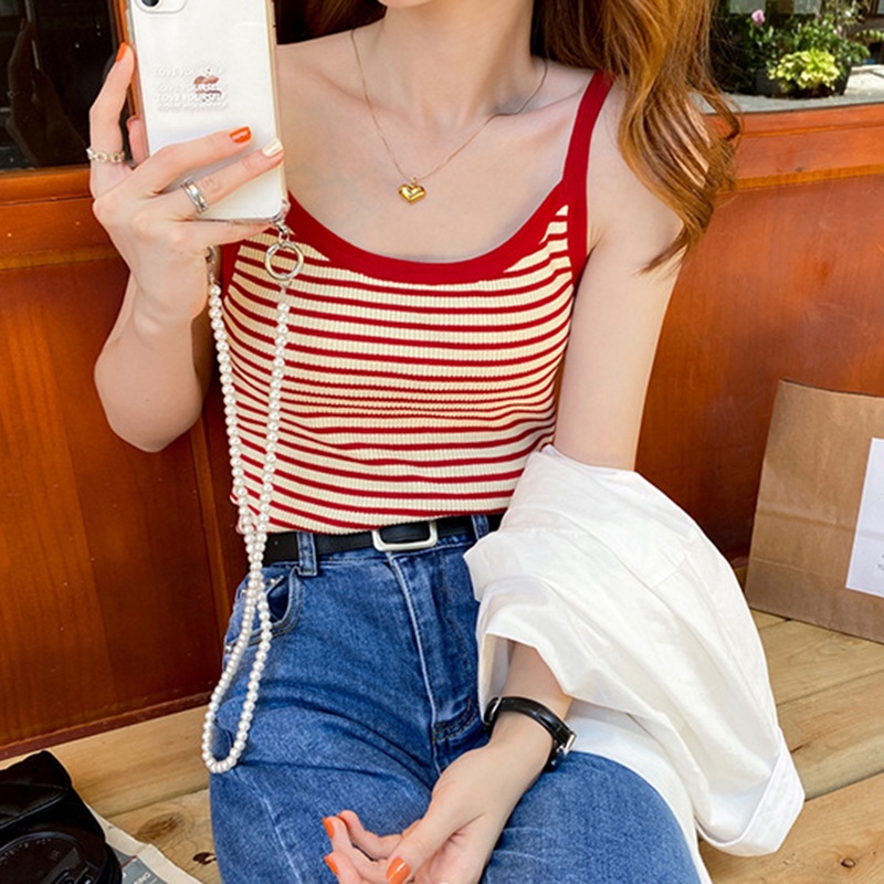 IELGY Áo Dệt Kim Không Tay Dáng Ôm Họa Tiết Kẻ Sọc Phong Cách hong kong Thời Trang Cho Nữ