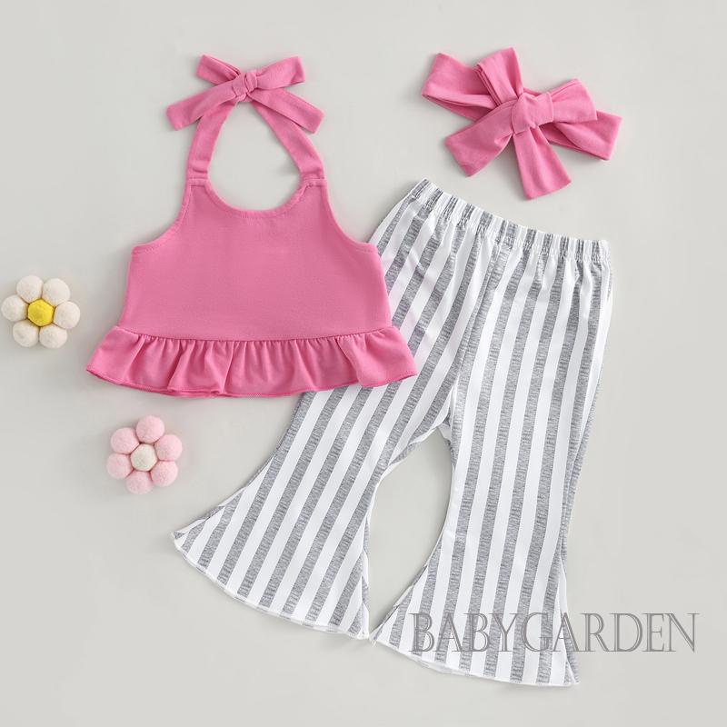 Bộ Áo Không Tay Cổ Bèo + Quần Dài Họa Tiết Kẻ Sọc + Băng Đô Cài Tóc Xinh Xắn Cho Bé Gái 9 Tháng-4 Tuổi