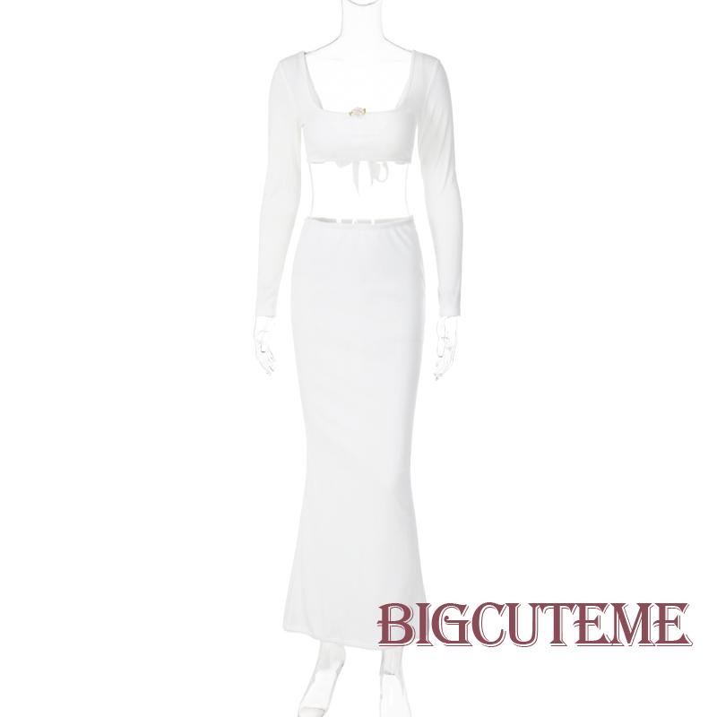 Set Đồ 2 Món Gồm Áo Dệt Kim Cổ Chữ U Tay Dài Màu Sắc Trơn Phối Chân Váy Dài Lưng Cao Thời Trang Hè Thu Cho Nữ