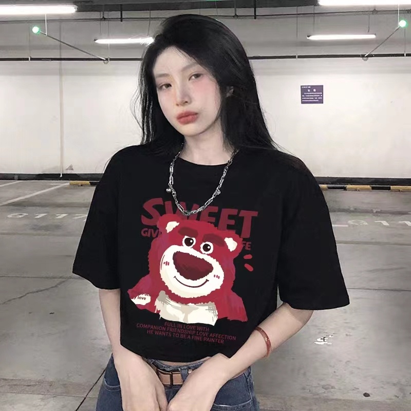 Áo Thun crop top Tay Ngắn Cổ Tròn In Họa Tiết Gấu Và Dâu Tây Thời Trang Cho Nữ