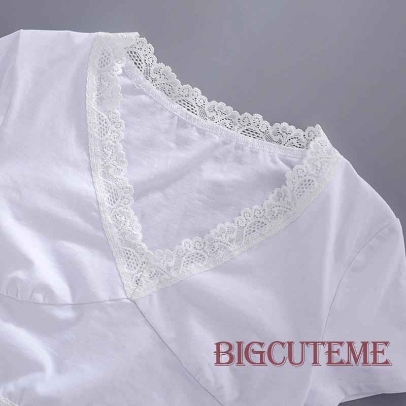 Áo Thun Crop Top Tay Ngắn Cổ Chữ V Phối Ren Thời Trang Mùa Hè Màu Trắng Cho Nữ