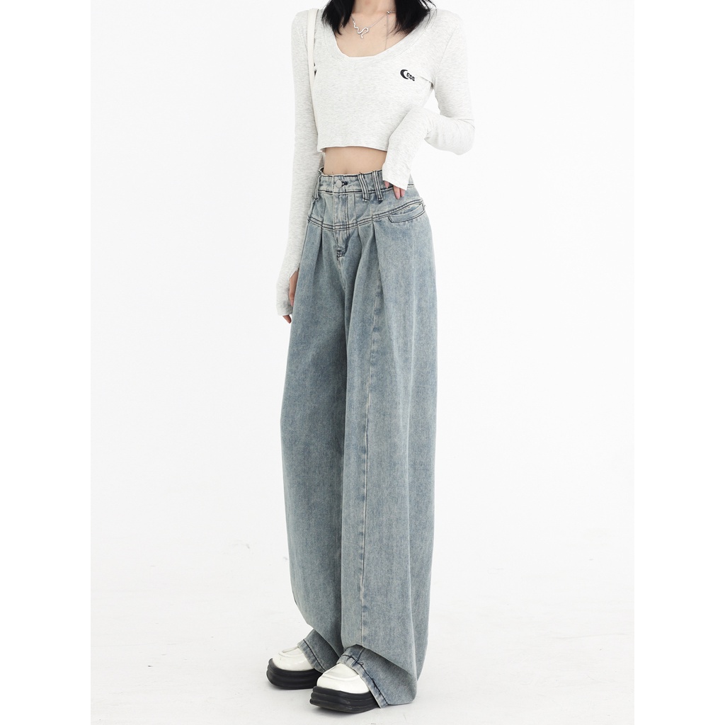 SUXI Quần Jean Ống Rộng Lưng Cao Tôn Dáng Phong Cách Vintage Hợp Thời Trang