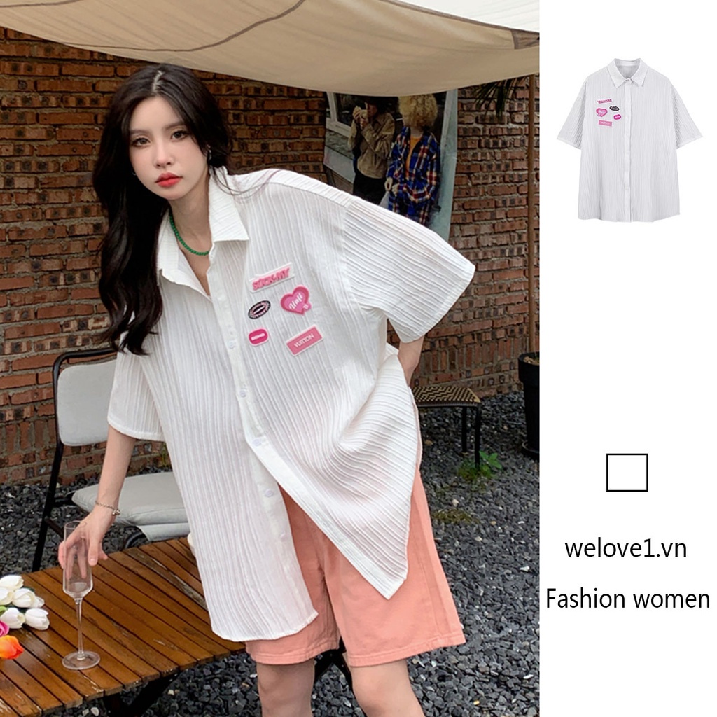 {welove1} Áo Sơ Mi Ngắn Tay Kẻ Sọc Thời Trang Hàn Quốc Cho Nữ❤ Áo Thun In Hình Thời Trang Năng Động Cho Nữ