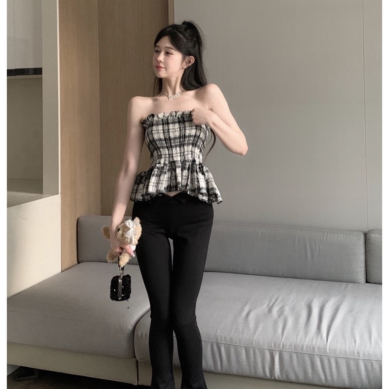 Áo Ống Mỏng Hở Vai Họa Tiết Ca Rô Thời Trang Dành Cho Nữ