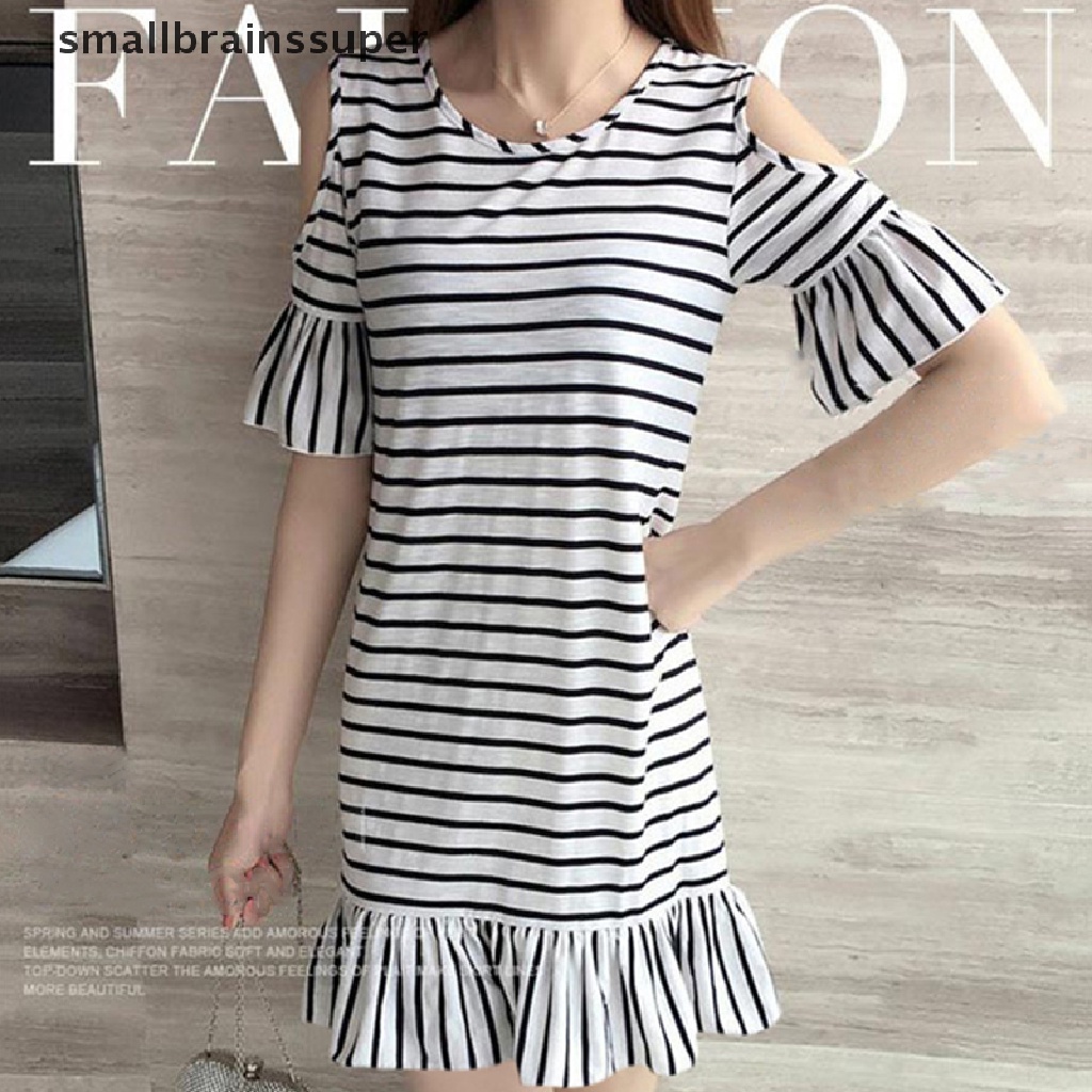 Đầm Tay Ngắn Cổ Tròn Họa Tiết Kẻ Sọc Thời Trang Mùa Hè Xinh Xắn Cho Nữ