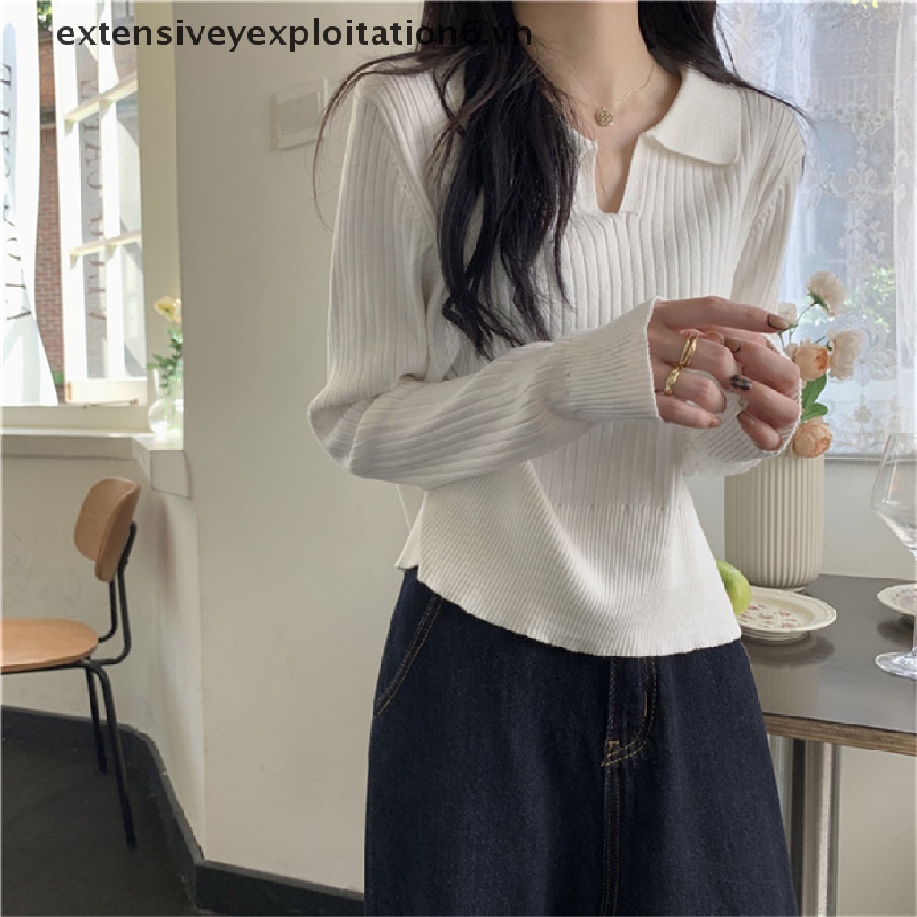 Áo Sweater Dệt Kim Tay Dài Màu Trơn Cổ Polo Thời Trang Cho Nữ