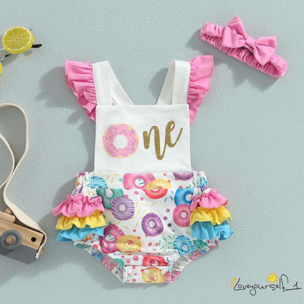 Bộ Áo Liền Quần Sát Nách Mùa Hè In Họa Tiết Bánh Donut Có Băng Đô Cho Bé Gái B930G