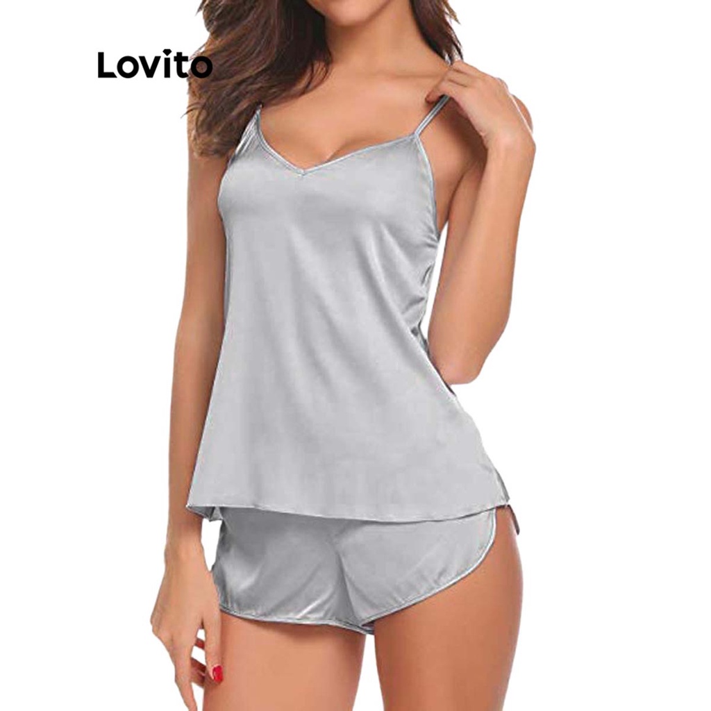 Lovito Bộ Pyjama thẳng không tay xẻ tà đơn giản cho nữ LNE06154 (Xám)