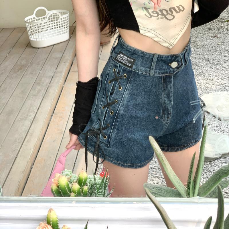 Jiashucheng Quần Short Denim Lưng Cao Dáng Rộng Cột Dây Phong Cách Mới Mùa Hè Dễ Phối Đồ Cho Nữ
