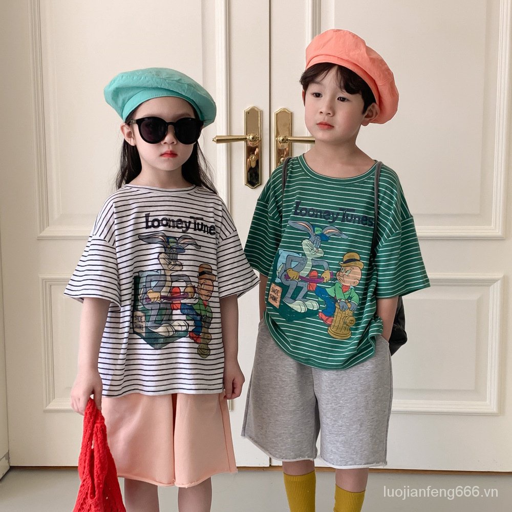 children's T-shirt 2023 Summer boys and girls Korean style loose children's casual striped long-ear rabbit cartoon short-sleeved top ZWRP