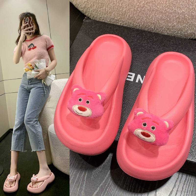 Dép Xỏ Ngón Đế EVA Dày Chống Trượt In Họa Tiết Gấu Và Dâu Tây Thời Trang Cho Nữ BY2 YB2