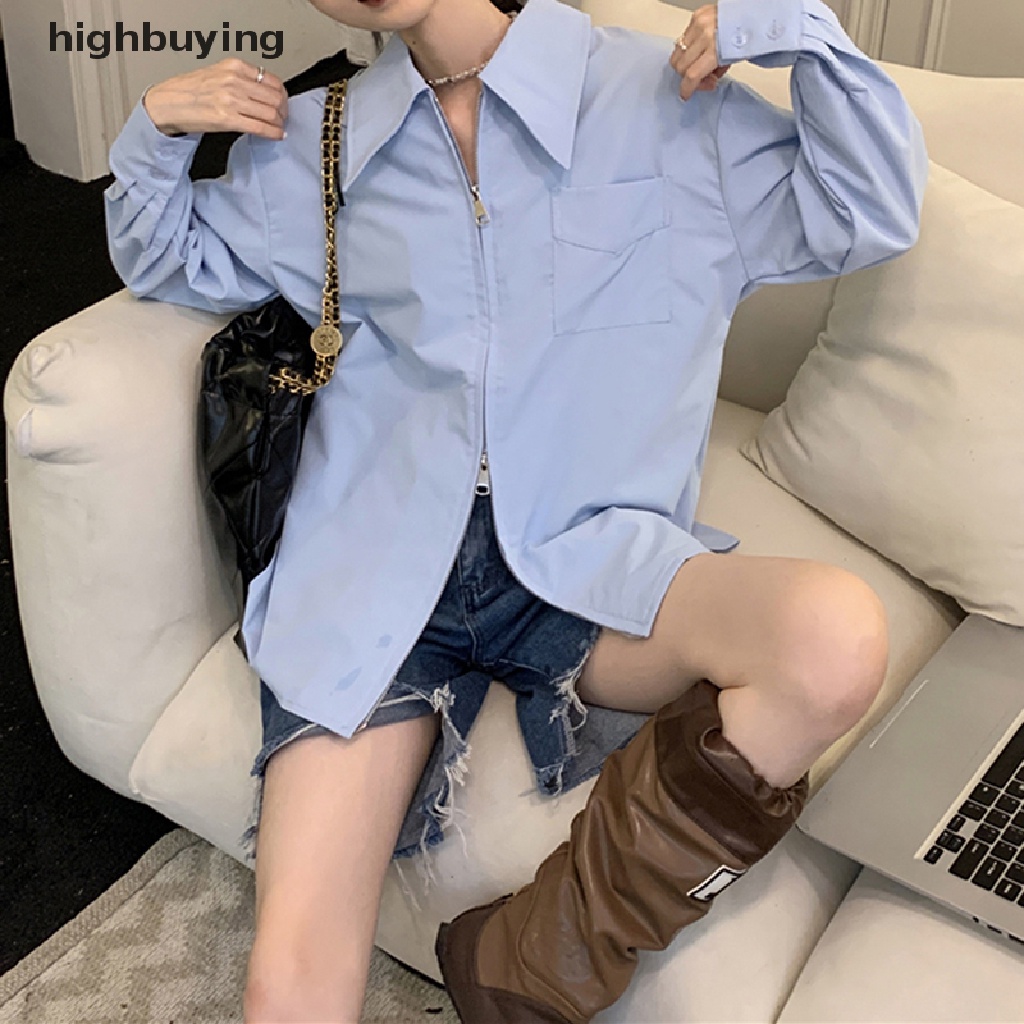 Áo Sơ Mi Tay Dài Có Khóa Kéo Phong Cách Đường Phố Hàn Quốc