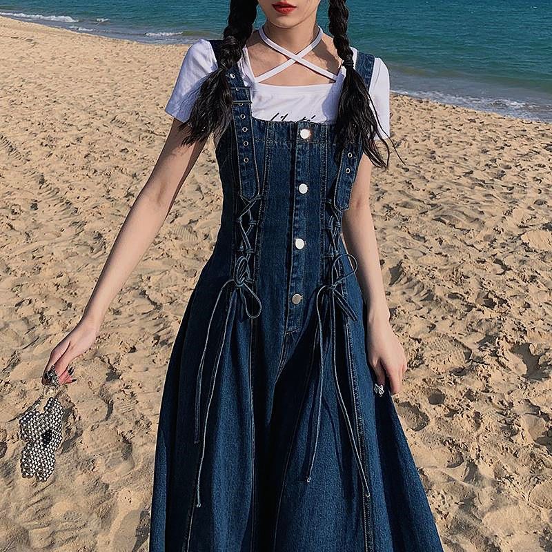 Đầm Yếm Denim Dài Dáng Chữ A Phong Cách Retro Thời Trang Mùa Hè Dành Cho Nữ