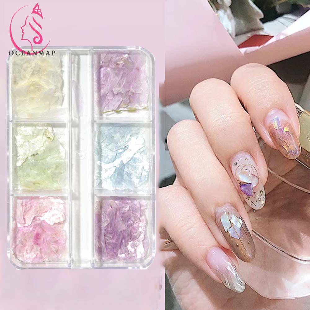 Hộp Kim Tuyến 6 Ngăn Hình Vỏ Sò / Đá Cẩm Thạch 3D Lấp Lánh Trang Trí Móng Nghệ Thuật