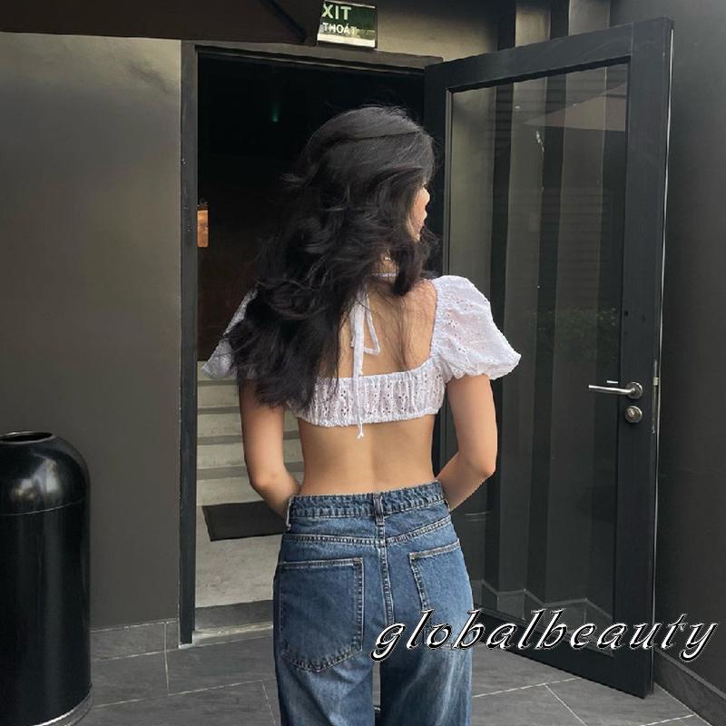 Áo Croptop Tay Phồng Ngắn Phối Ren Rỗng Thêu Họa Tiết Thời Trang Mùa Hè Cho Nữ
