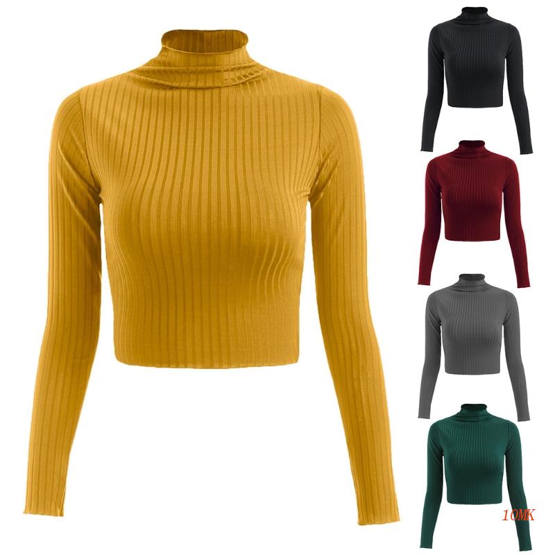 Xiangbao Áo Croptop Dệt Kim Tay Dài Cổ Lọ Ôm Dáng Màu Trơn Cho Nữ