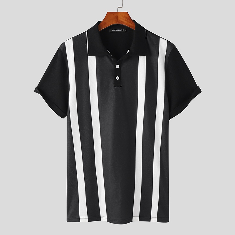 Áo polo INCERUN dệt kim ngắn tay phối màu tương phản cá tính