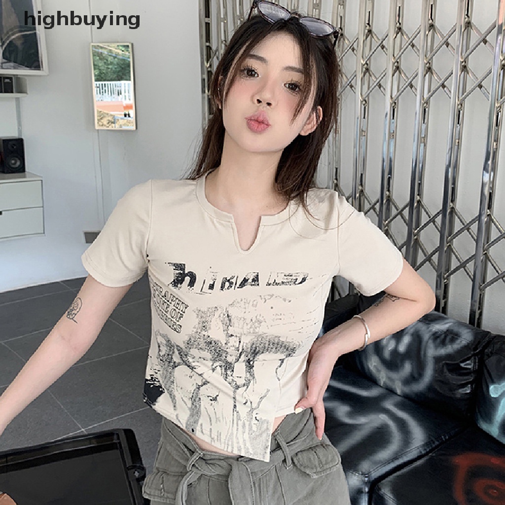 Áo Thun Lửng Ngắn Tay Cổ Chữ V In Họa Tiết Retro Cho Nữ