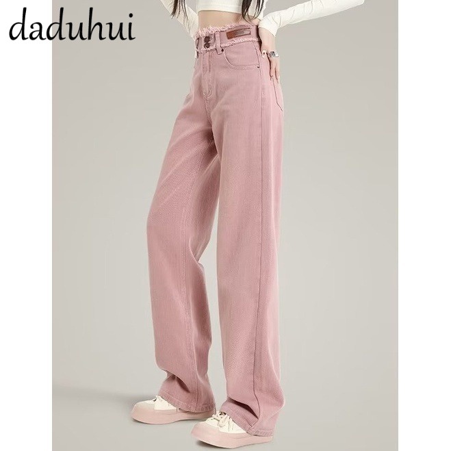 Daduhui 💕 2023 New Korean Version of INS Dirty Pink WOMEN'S Jeans High Waist Loose Wide Leg Pants Niche Trousers