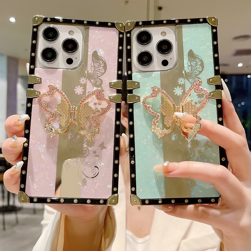 Ốp Điện Thoại Dạng Vuông Có Giá Đỡ Hình Hoa Bướm Cho iPhone 14promax 14pro 14 plus 13 13promax 12 / 12pro 11promax Xsmax XR