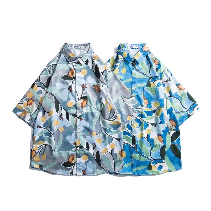 Ảnh Thật Áo Sơ Mi Tay Ngắn Dáng Rộng Mỏng Họa Tiết Tranh Sơn Dầu Vẽ Hoa Lá Phong Cách Hawaii Thời Trang Mùa Hè Hàn Quốc Cao Cấp Dành Cho Nam