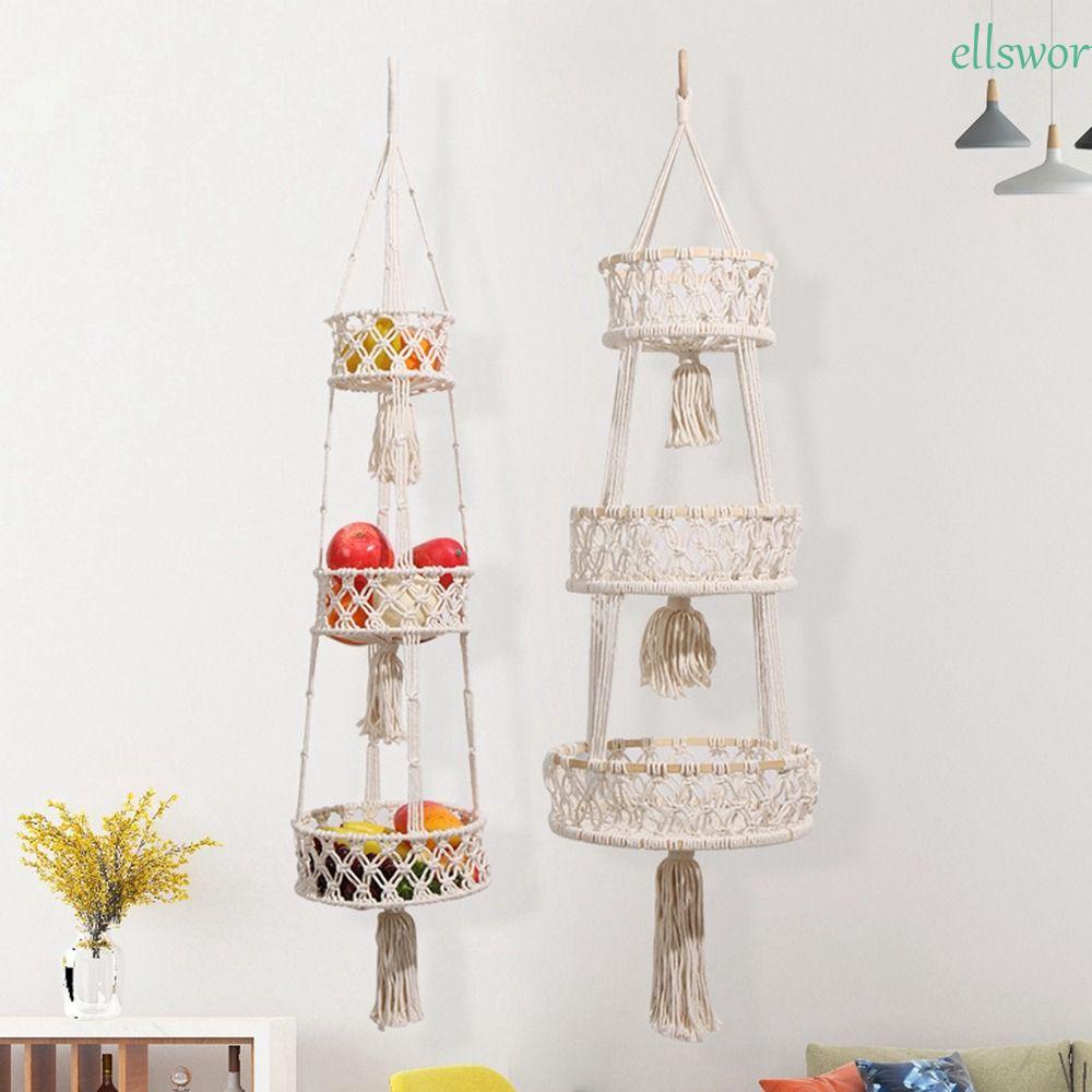 Giỏ Treo Đựng Đồ Đa Năng Tiện Lợi Dễ Sử Dụng|Giỏ Đựng Trái Cây Treo Tường Bằng Vải Dệt Tay Phối Tua Rua Phong Cách Boho Dành